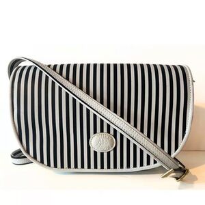 Vintage Black And White Striped Allan Edward Genuine Leather Trim Crossbody Bag
